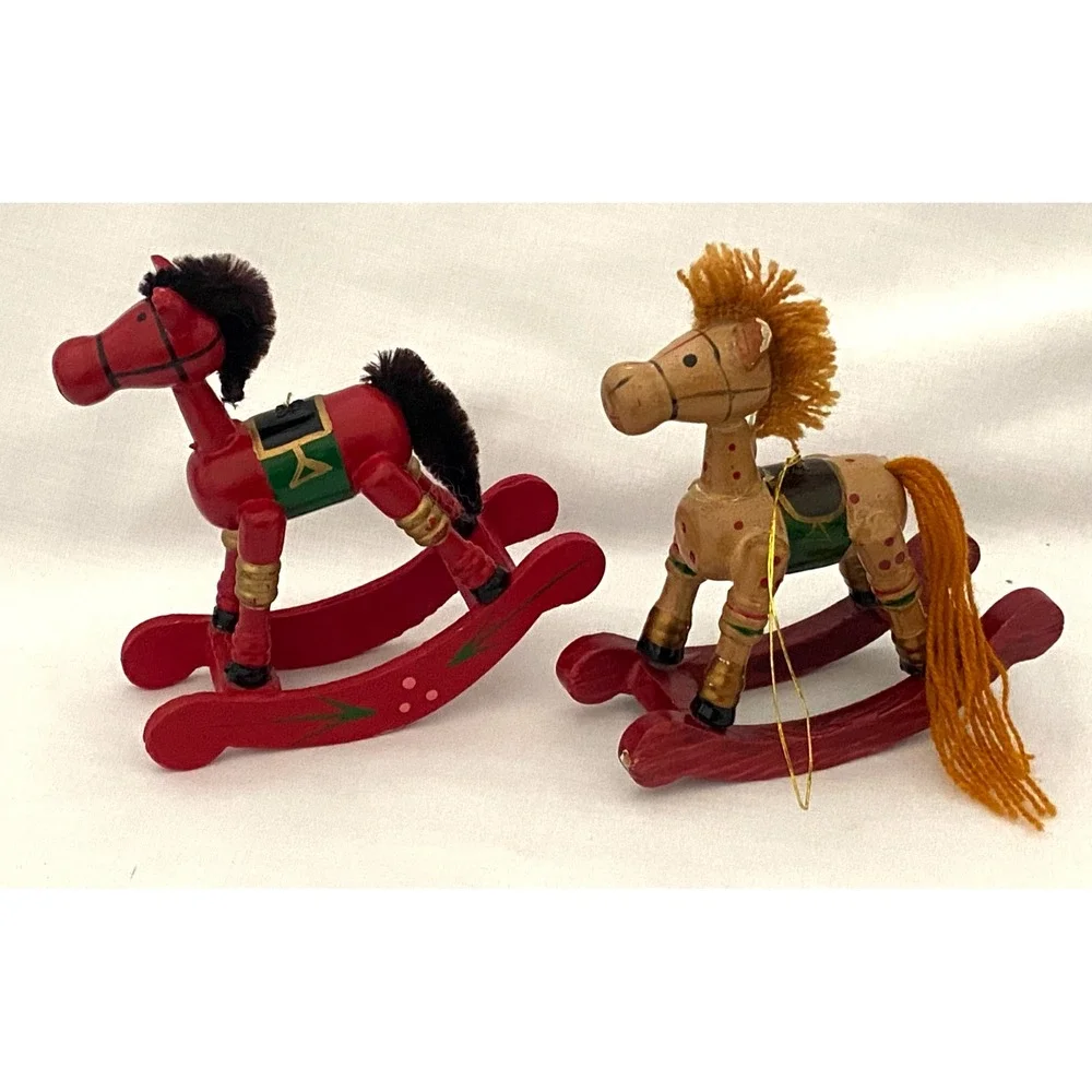 Vintage Painted Wooden Christmas Ornaments ~Rocking Horse Angel Santa Sleigh